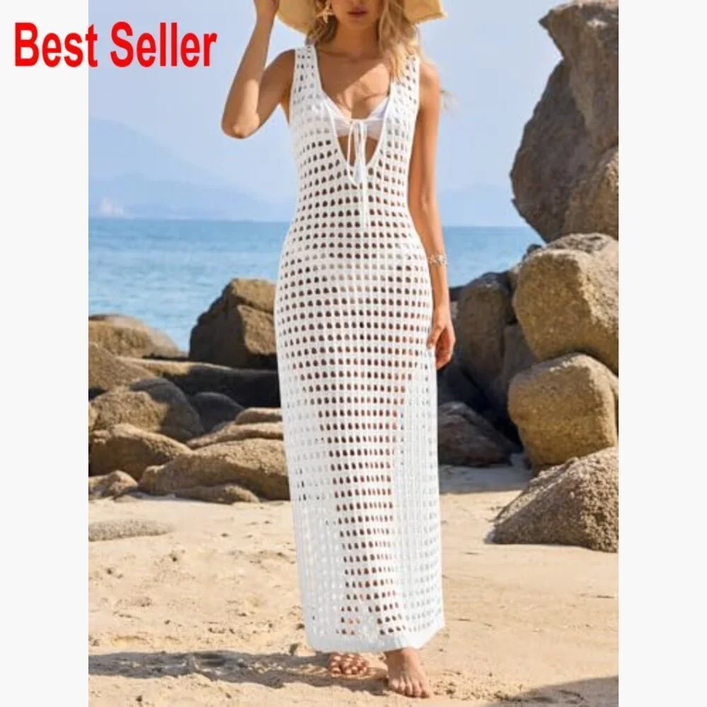 Polyester Crochet Swimsuit Cover Up Reversible Tie Back Hollow Out